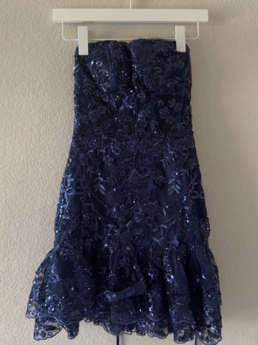 Stunning Navy Lace & Sequin Strapless Mini Dress